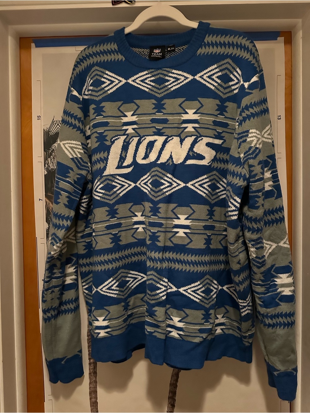 NFL Detroit Lions Blue and Gray Geometric Crewneck Sweater